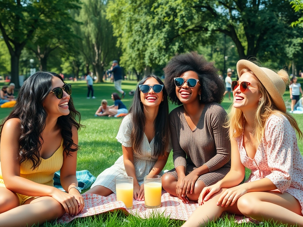 Patru prietene zâmbind și bucurându-se de o zi însorită în parc, cu cocktailuri într-o atmosferă relaxantă.