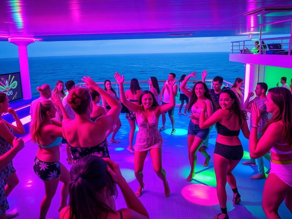 Oamenii dansează pe o punte cu leduri colorate, în fața unei priveliști de mare. Atmosferă vibrantă de petrecere.