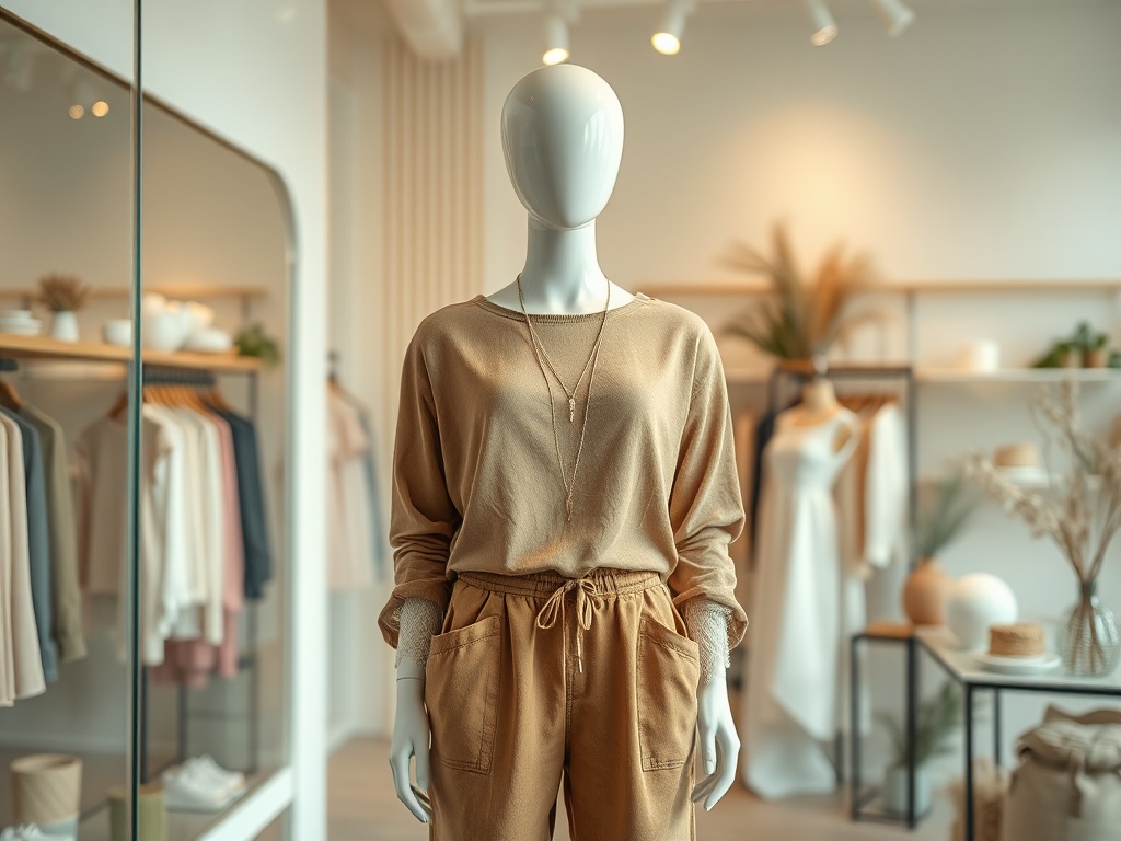 Manechin într-un magazin de îmbrăcăminte, purtând un set casual de culoare bej, cu articole de modă în fundal.