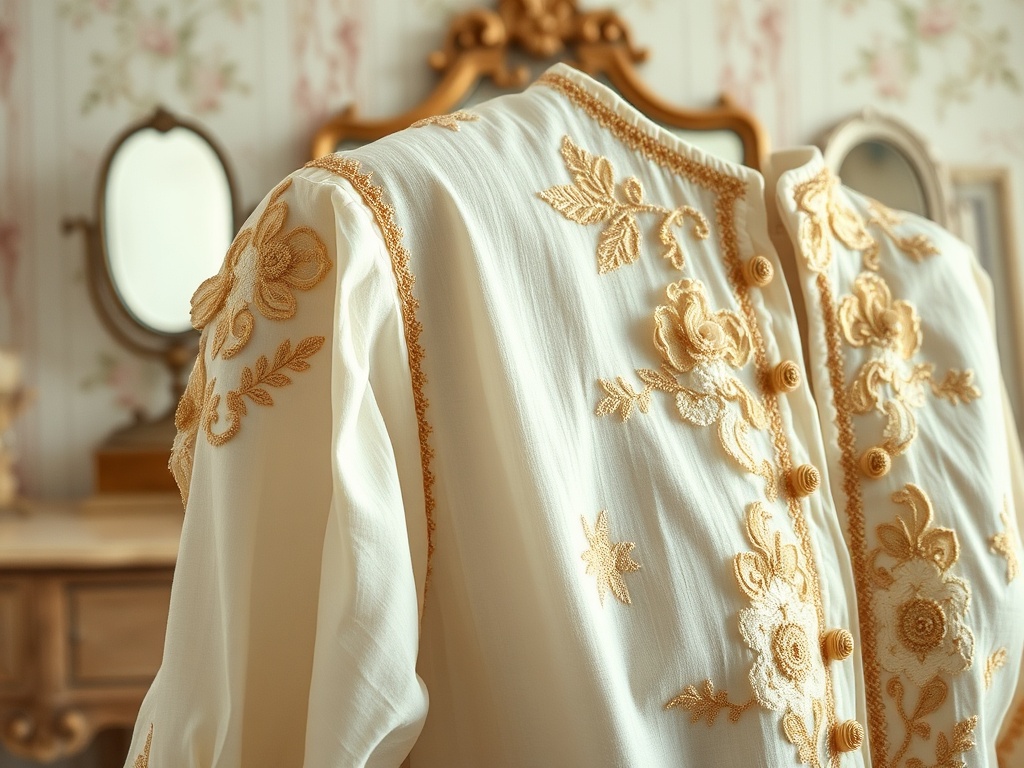 O bluză elegantă din material ușor, cu broderie florale aurii, pe fundal vintage. Reflectoare într-o cameră decorată.