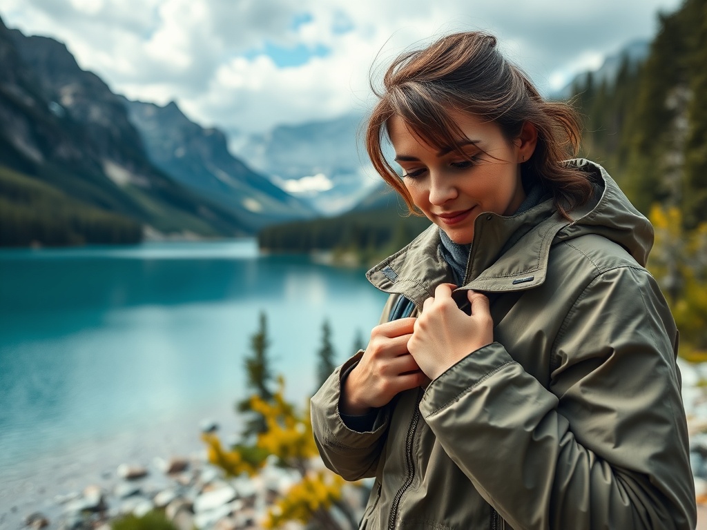 O tânără zâmbește în fața unui lac alpin, purtând o geacă călduroasă, înconjurată de munți.