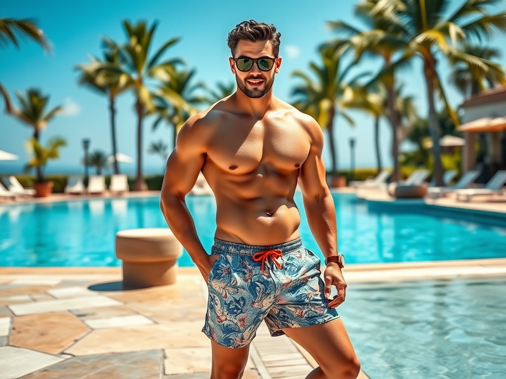 Bărbat muscular, fără tricou, în costume de baie colorate, lângă o piscină, cu palmieri în fundal.