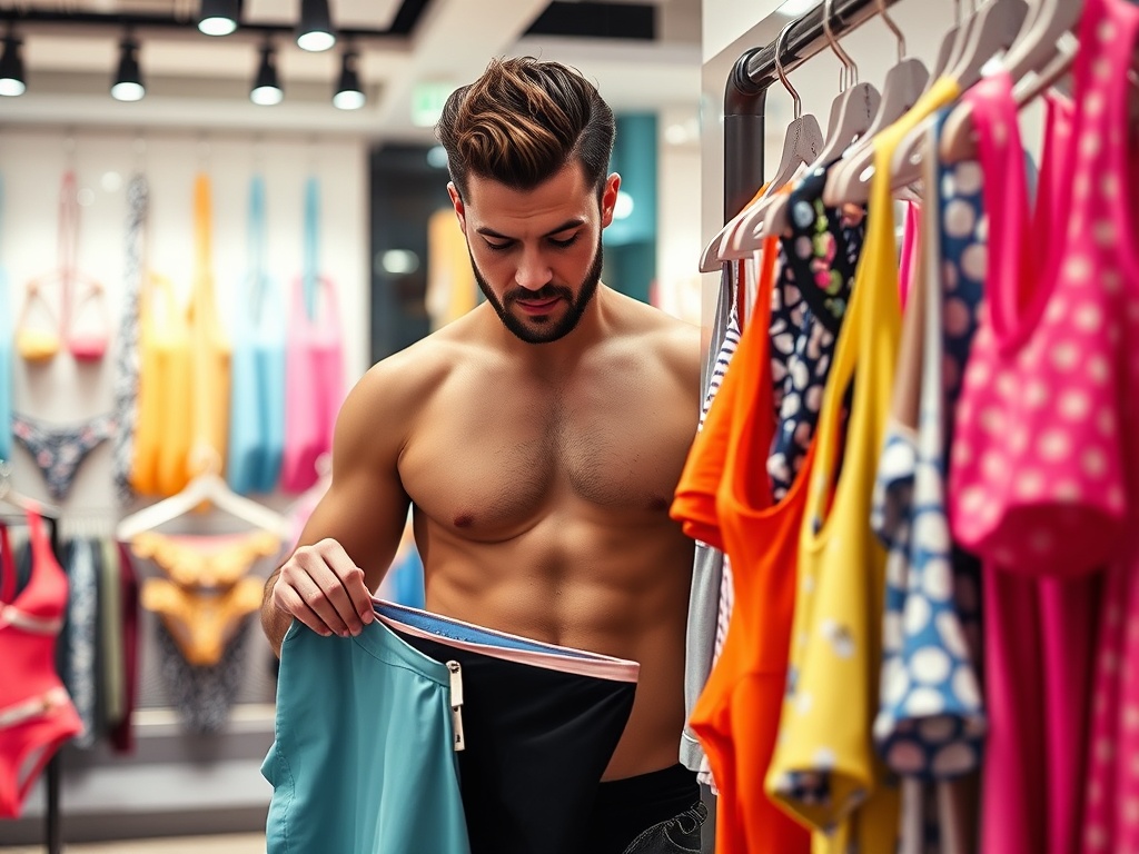 Un bărbat cu trup bine definit examinează un costum de baie într-un magazin plin de haine colorate.