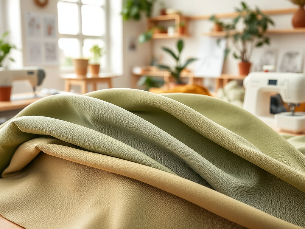 Materiale textile în nuanțe de verde și bej, așezate într-un spațiu de lucru luminos și creativ.