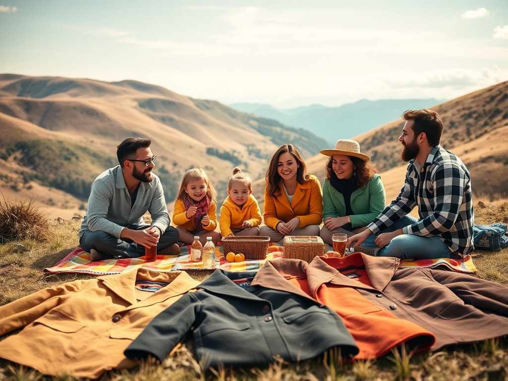 Familie veselă la picnic pe o pajiște montană, cu haine pe iarbă și peisaj pitorească în fundal.