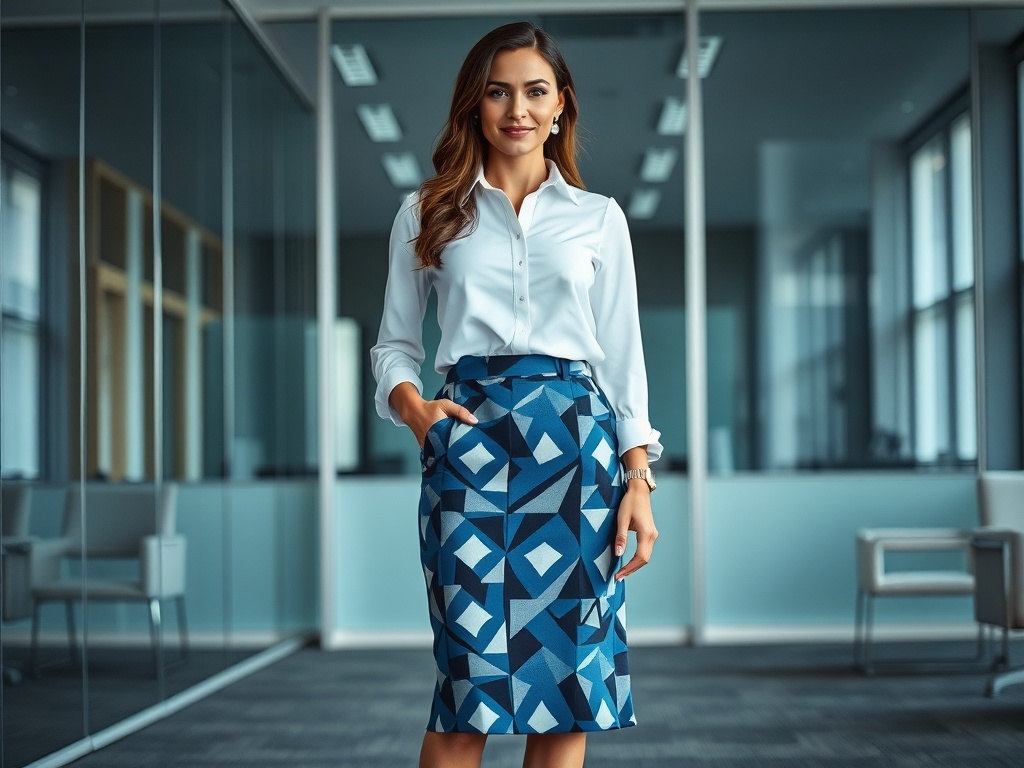 Femeie îmbrăcată elegant într-o cămașă albă și o fustă cu motive geometrice, stând într-un birou modern.